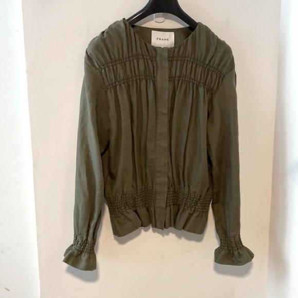 FRAME Denim Army Green Smocked Linen Bomber Jacket Size L - Picture 7 of 7